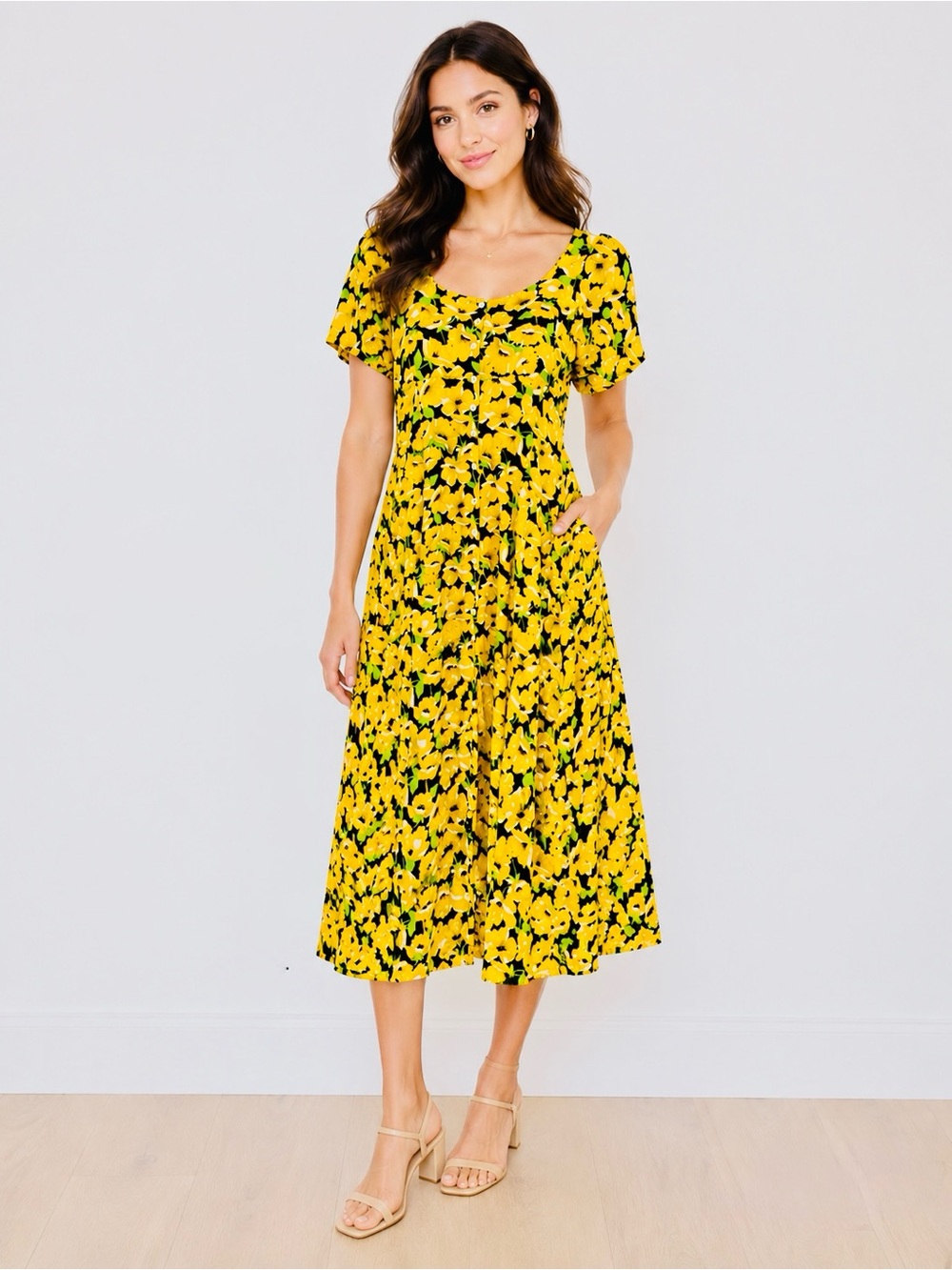 Vintage Floral Button Down Midi Dress Yellow Cottagecore Whimsigoth Summer Boho
